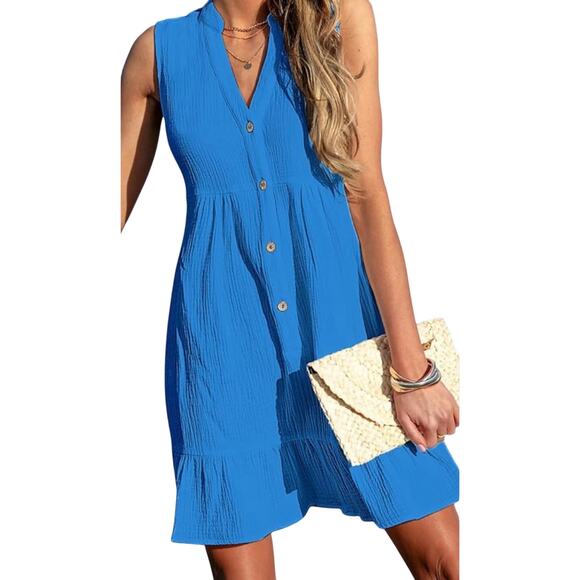 Cupshe Dresses & Skirts - New Sleeveless Ruffled Hem Blue Mini Notched neckline & button top flat collar